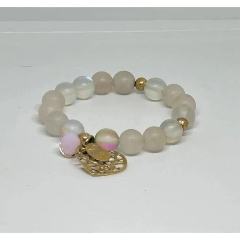 Gypsy Handmade Beaded Stretch Bracelet Gold Heart Charm Pastel Glass